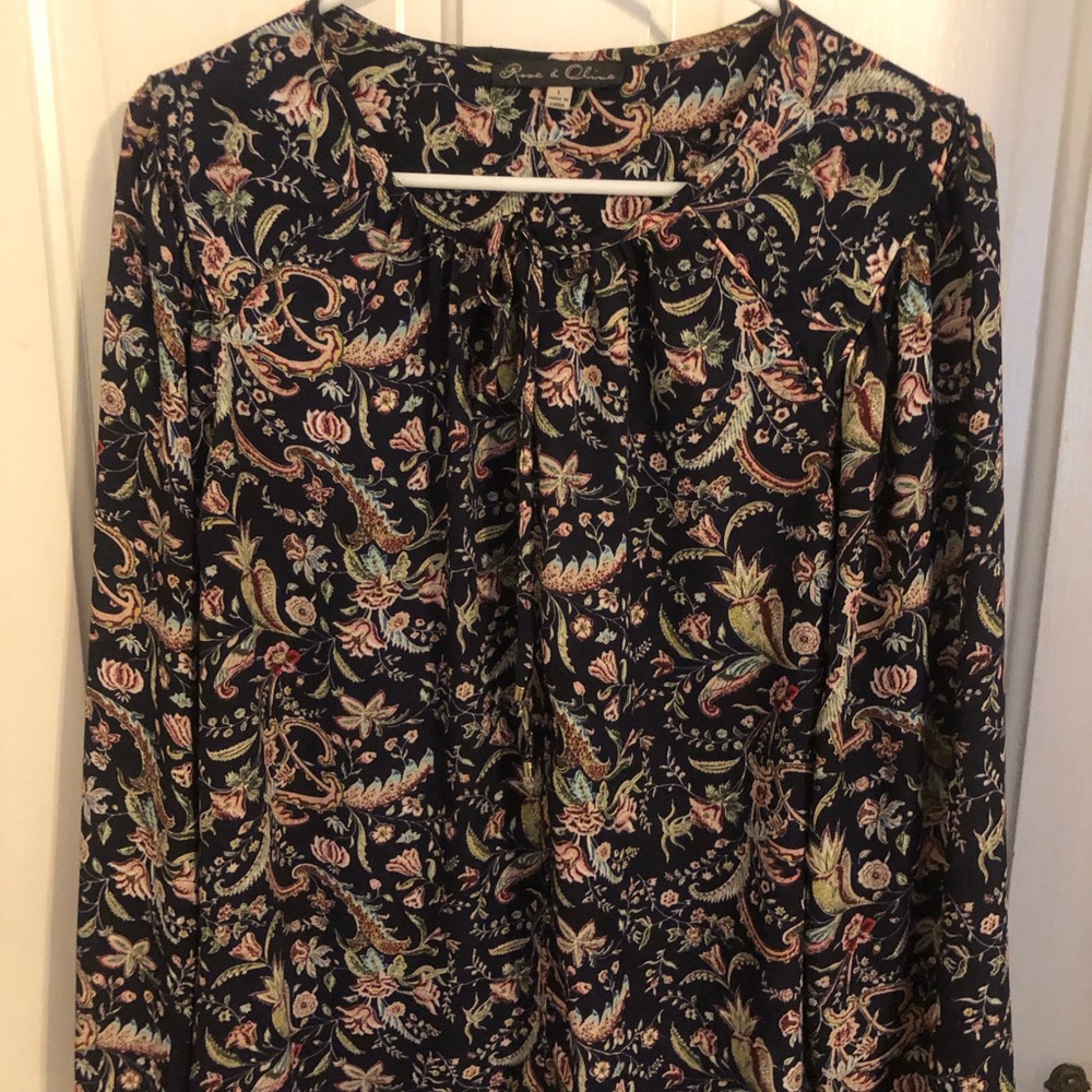Floral Paisley Long Sleeve Blouse - Navy with Multi Floral Print